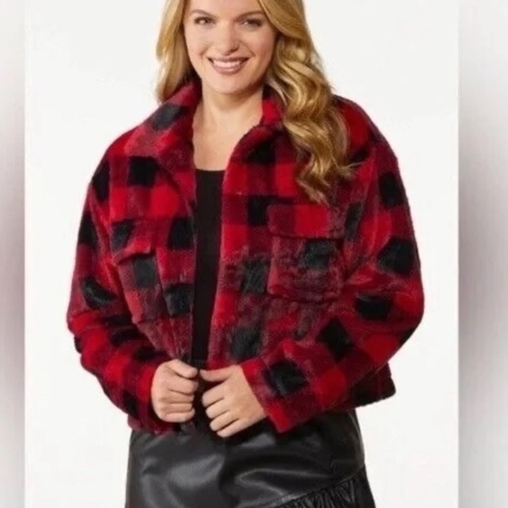 Cato Red and Black Plaid Teddy Jacket